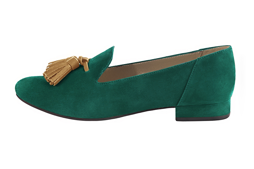 Emerald green and camel beige women's loafers with pompons. Round toe. Flat leather soles. Profile view - Florence KOOIJMAN